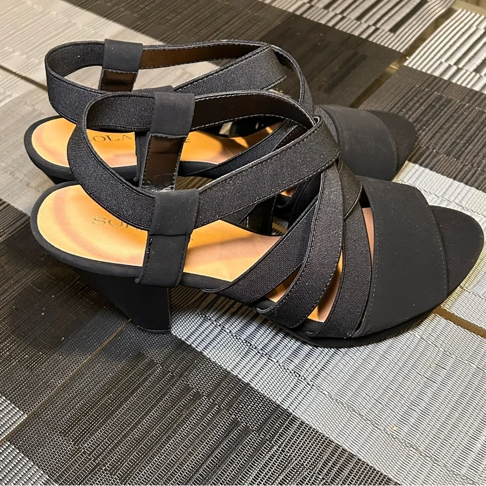 Solanz Kali Dress Heeled Platform Open Toe Sandals Slip On Strappy 9M Black